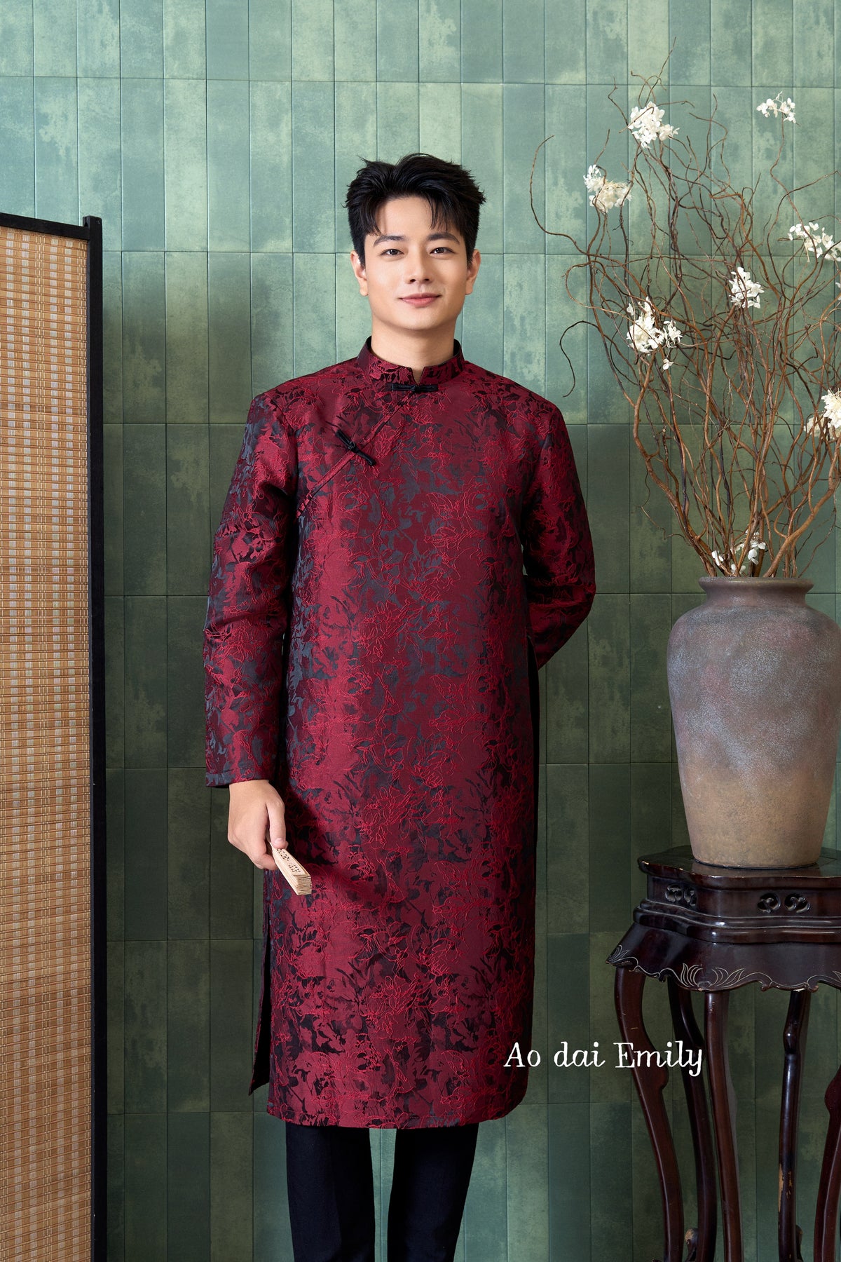Burgundy/ Black Ao dai for men| Barred owl