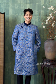 Blue shade Ao dai for men with simple pattern design|  Winter moth