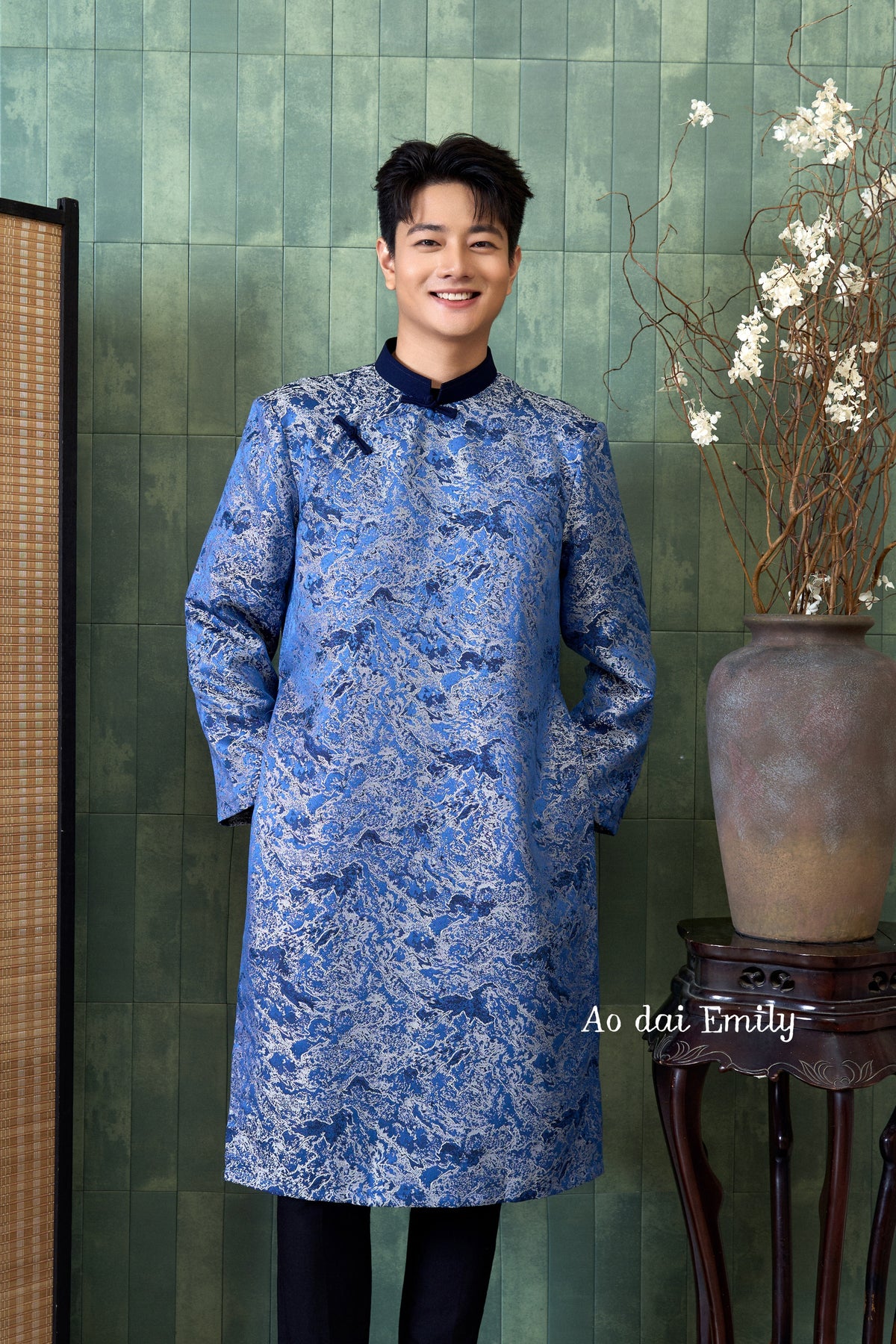 Blue shade Ao dai for men with simple pattern design|  Winter moth