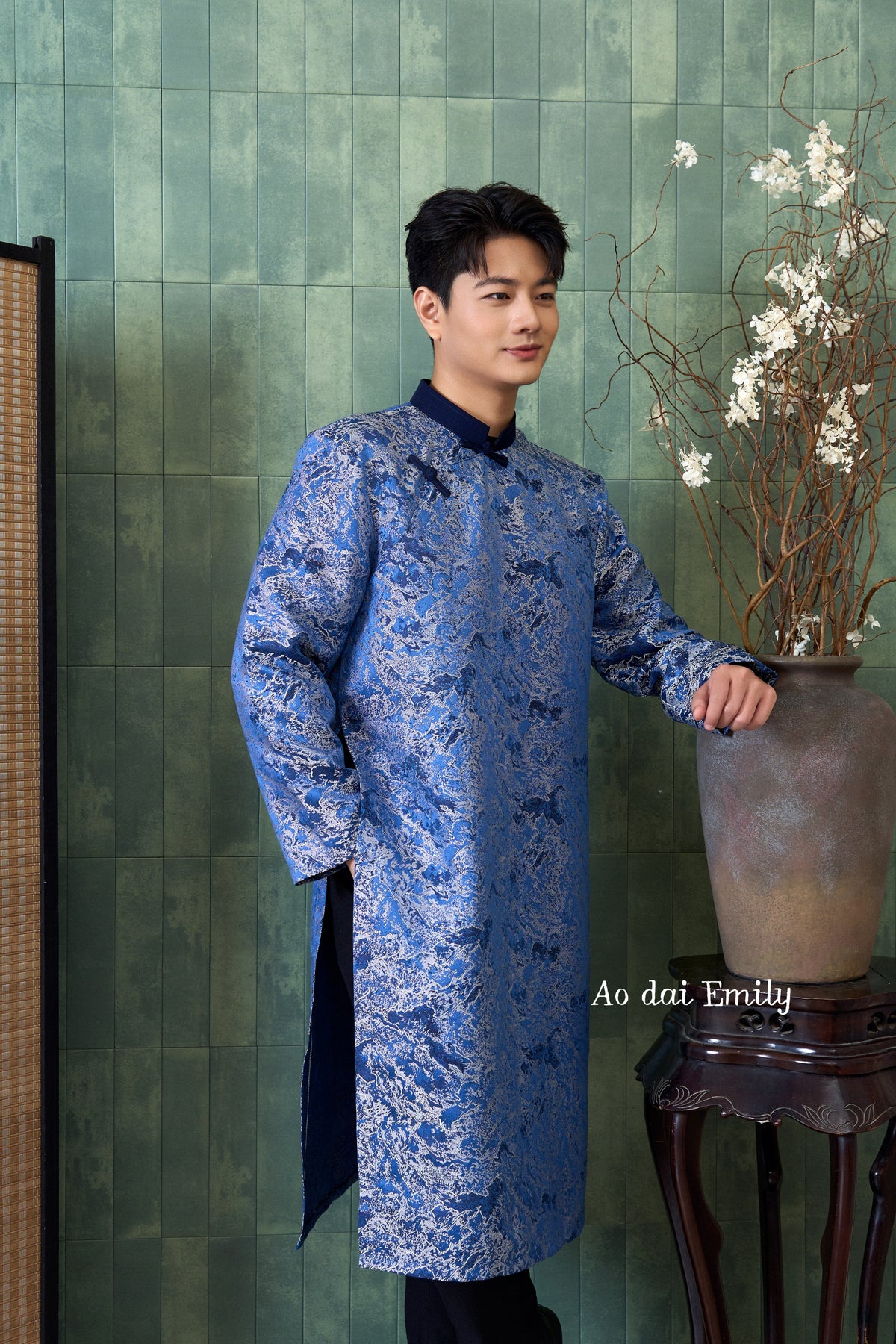 Blue shade Ao dai for men with simple pattern design|  Winter moth