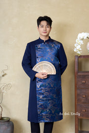 Blue shade Ao dai for men with spring patterns| Bobolink