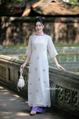 EMMA Cream/purple double layers modern ao dai set with Embroidery flowers