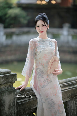 HAZEL Cream/ Pink double layers embroidery modern ao dai set