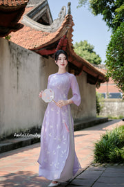 Purple double layers modern ao dai with embroidery flowers