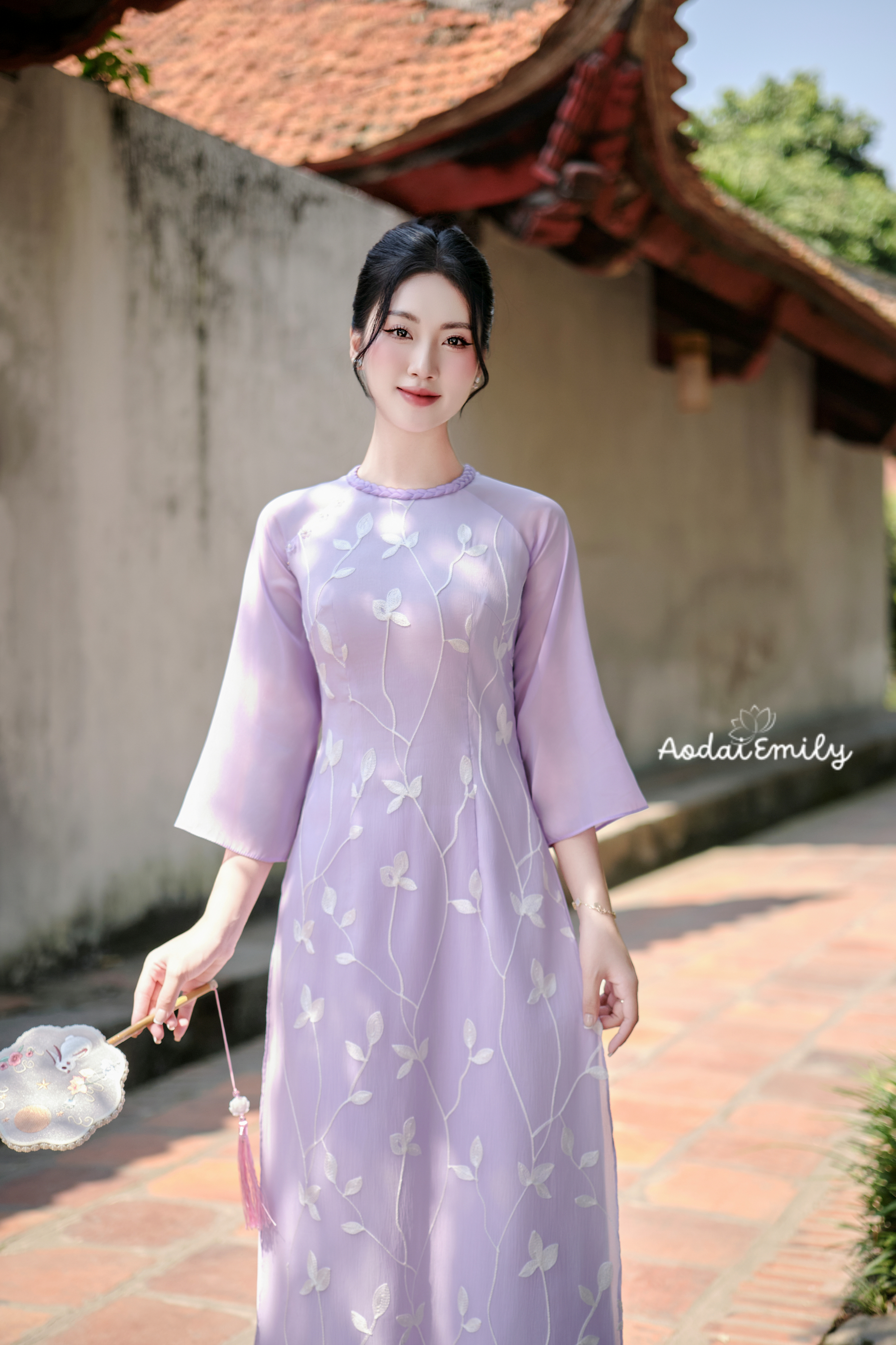 Purple double layers modern ao dai with embroidery flowers