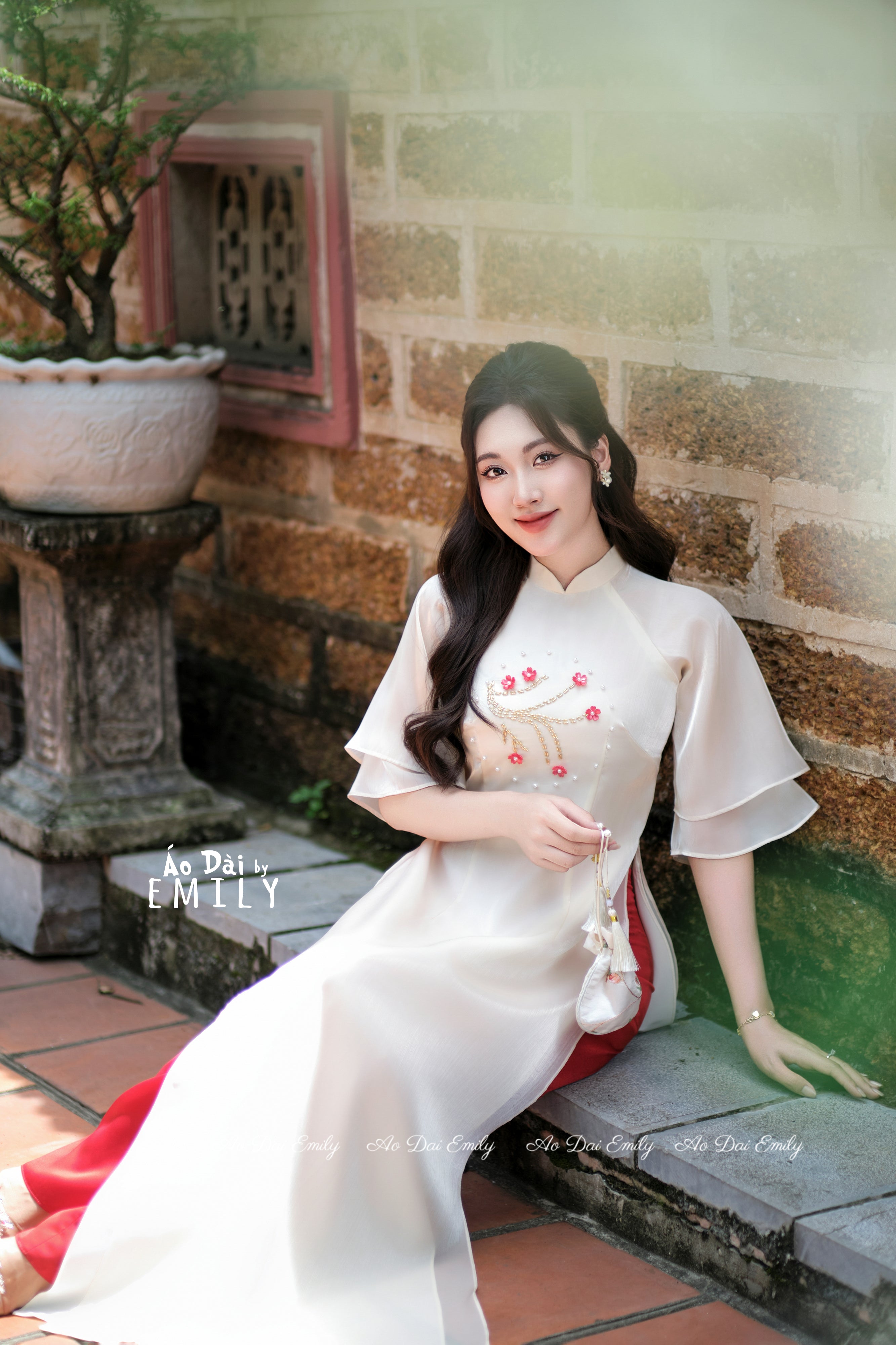 Nude/cream double layers modern ao dai set