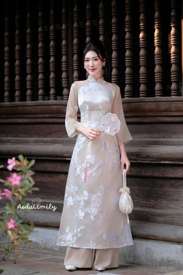 BELLA Beige Spring flowers pattern| Taffeta ao dai set