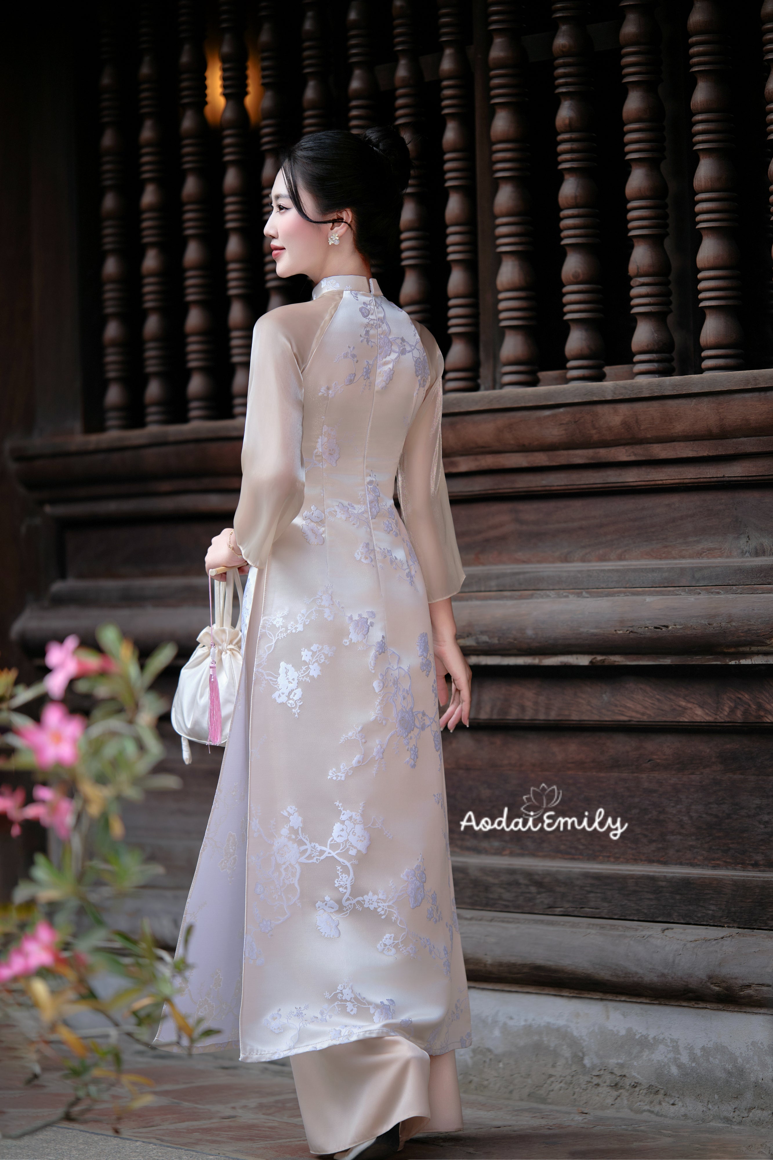 BELLA Beige Spring flowers pattern| Taffeta ao dai set