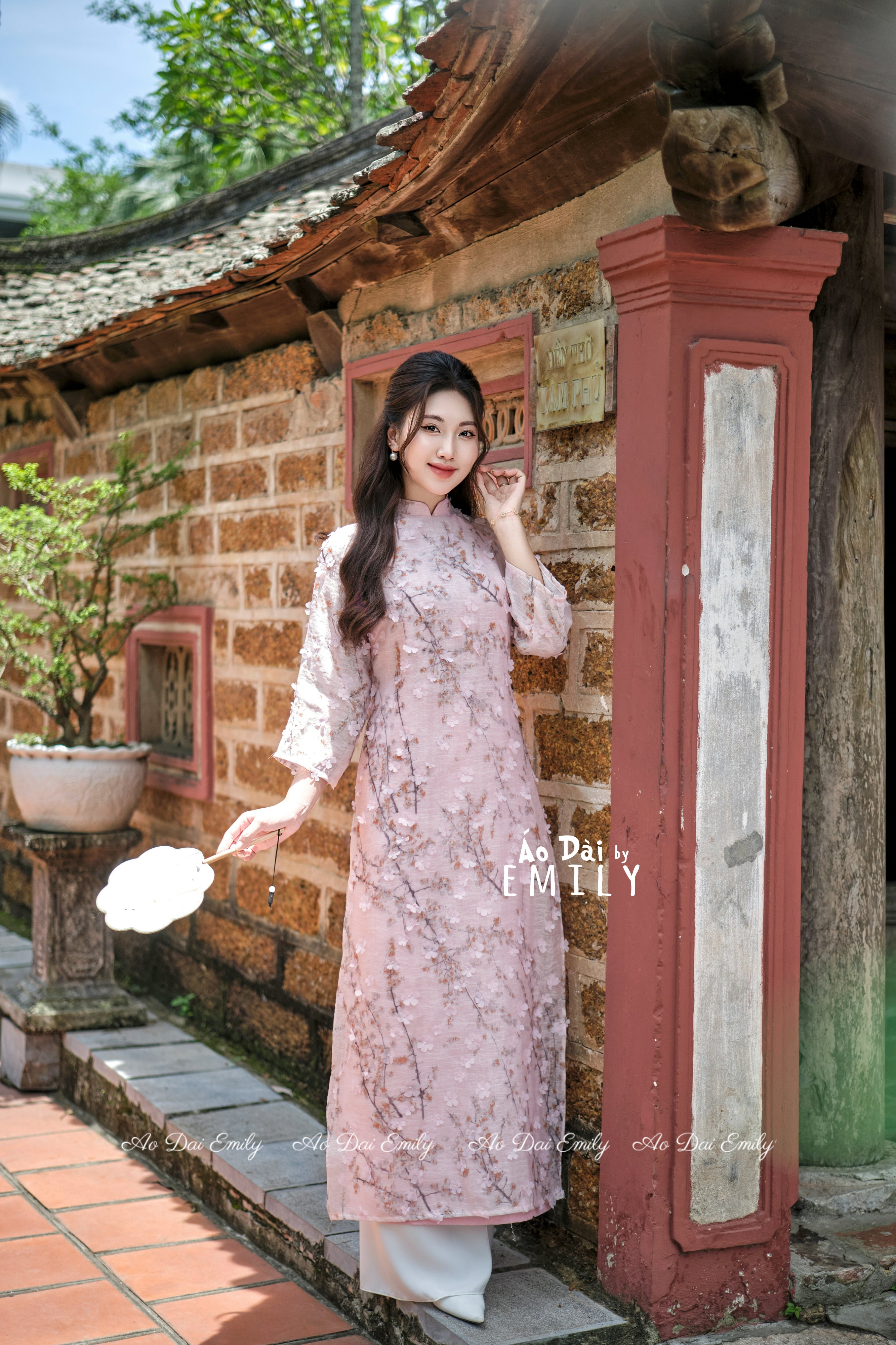 Pink Ao Dai with Cherry Blossom 3D flower pattern