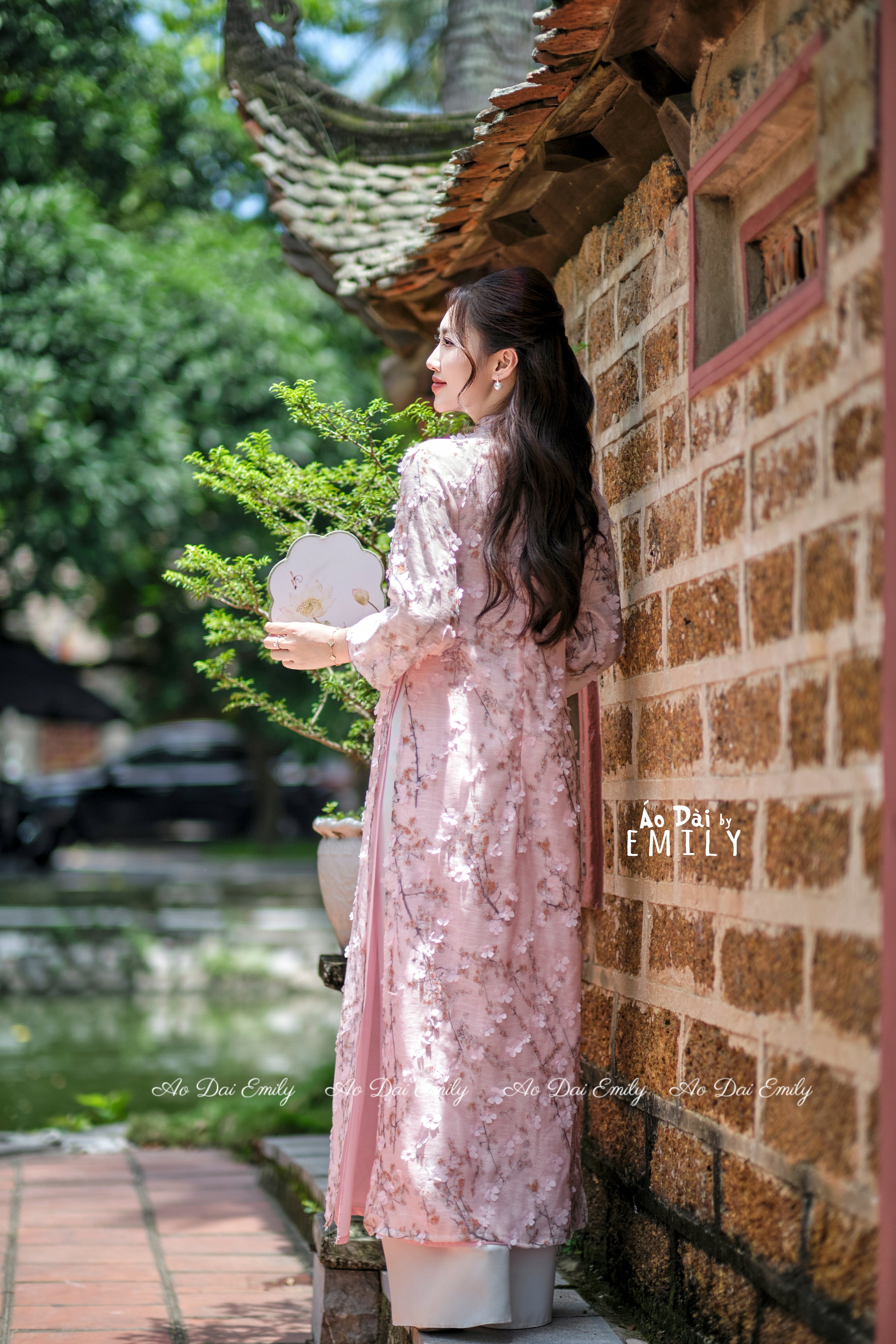 Pink Ao Dai with Cherry Blossom 3D flower pattern