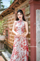 TET| Red Sleeveless Taffeta Sakura patterns Pre made ao dai|