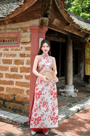 Red Sleeveless Taffeta Sakura patterns Pre made ao dai|