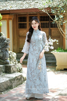 EDEN Blue Ao Dai with Cherry Blossom 3D flower pattern