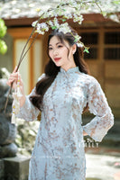 EDEN Blue Ao Dai with Cherry Blossom 3D flower pattern