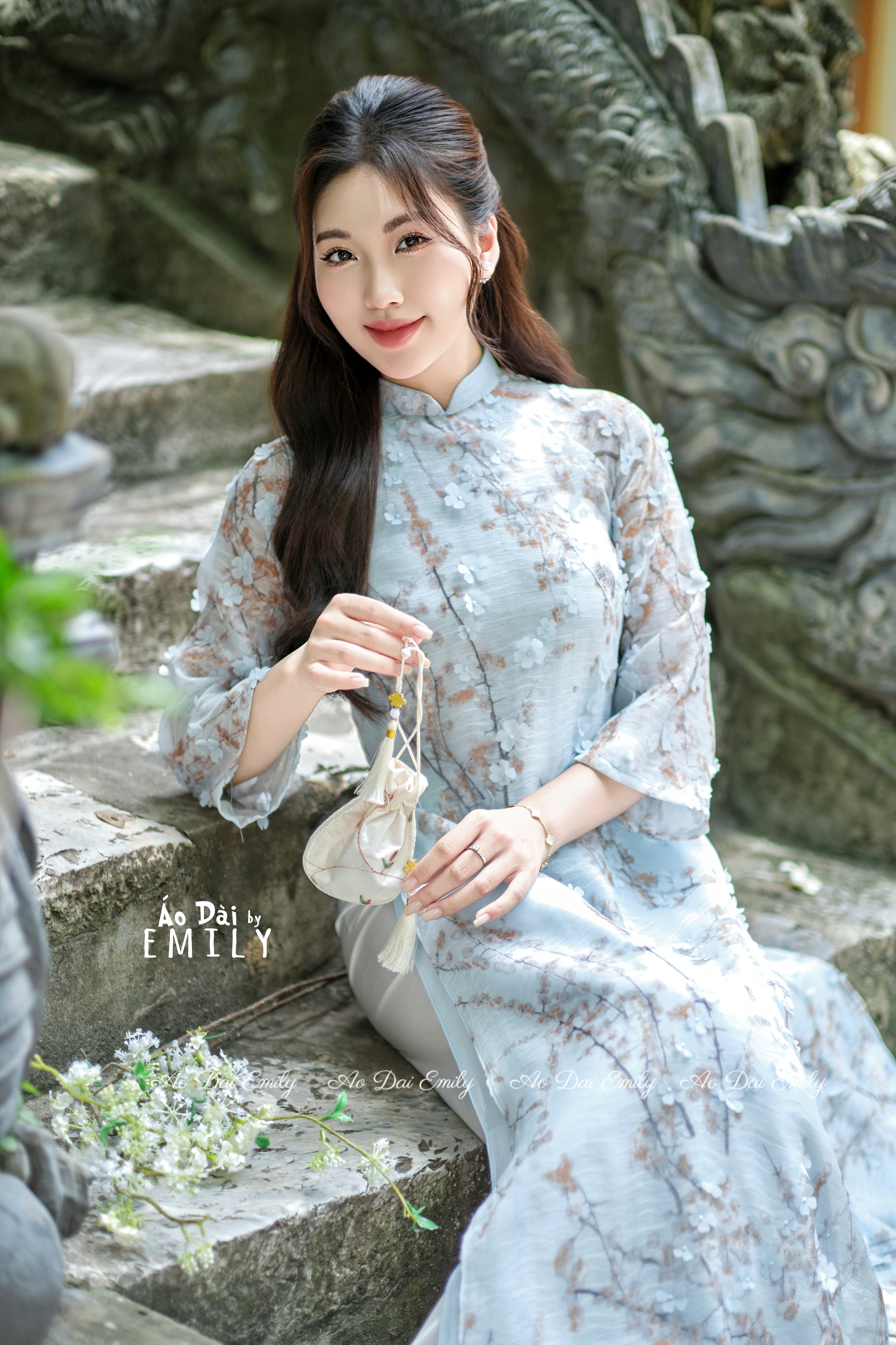 Blue Ao Dai with Cherry Blossom 3D flower pattern