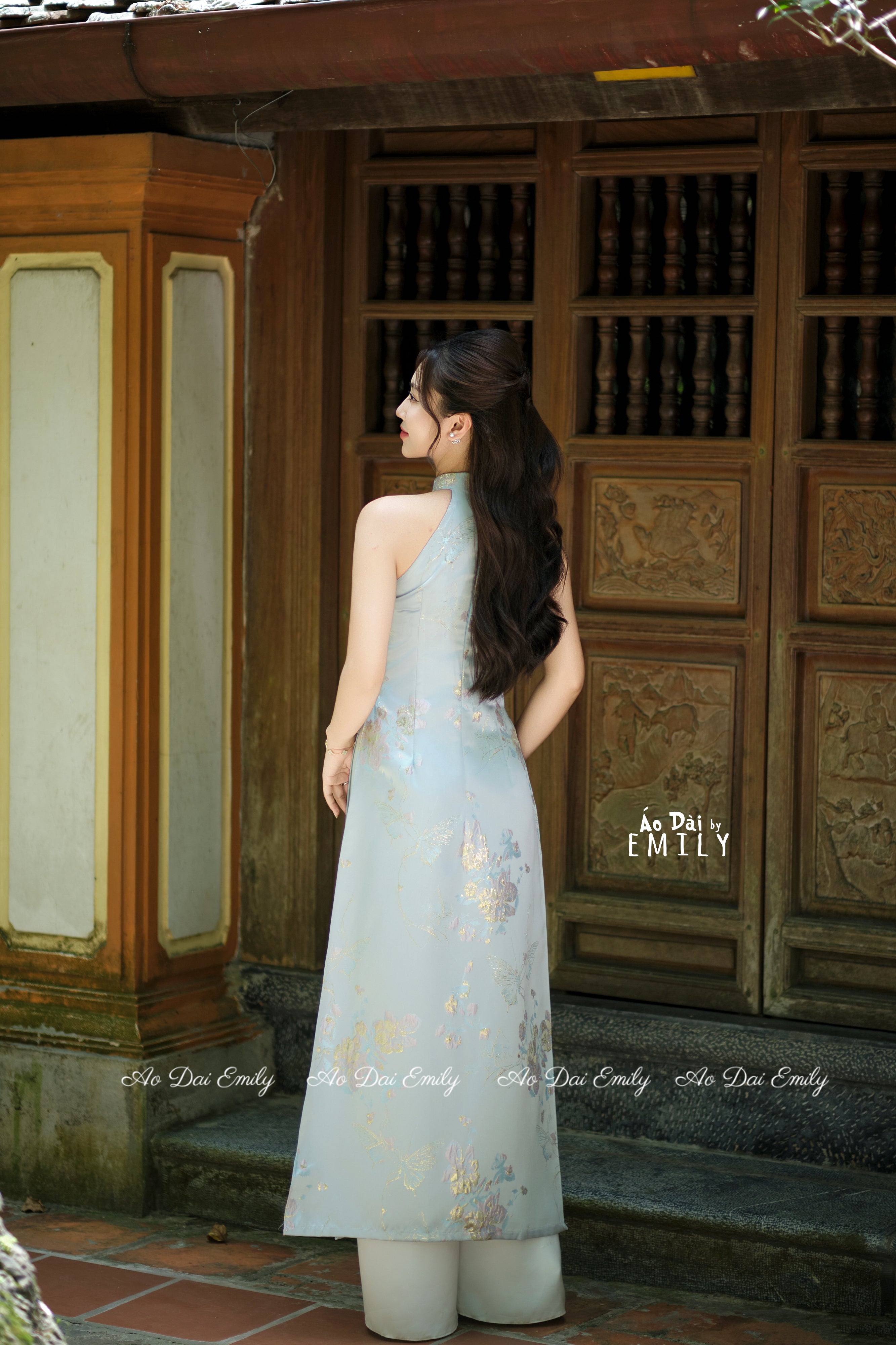 Blue Sleeveless Taffeta Spring patterns Pre made ao dai|