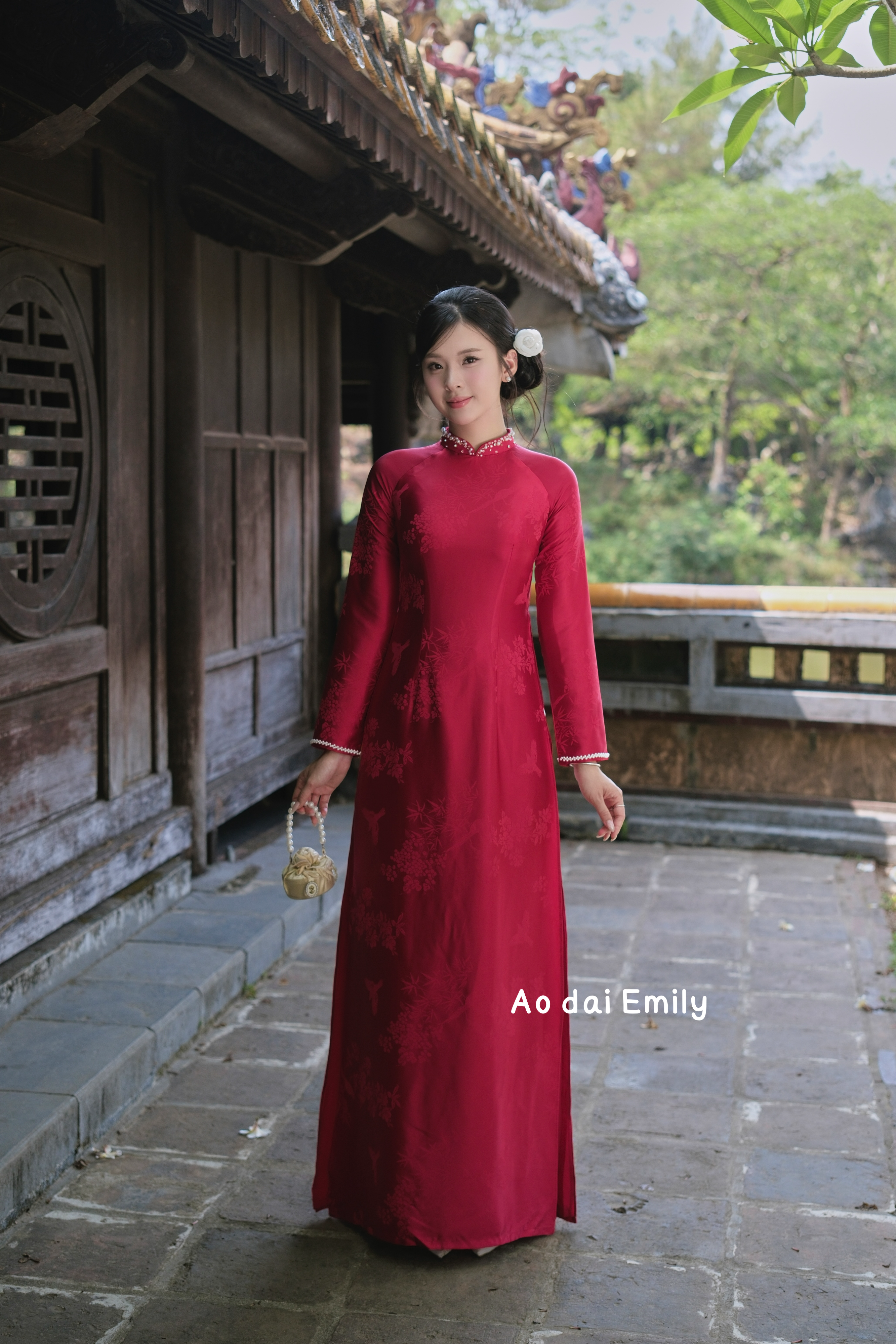 Dark Red/Burgundy Ao dai Gam with hand beading collar| Mimosa
