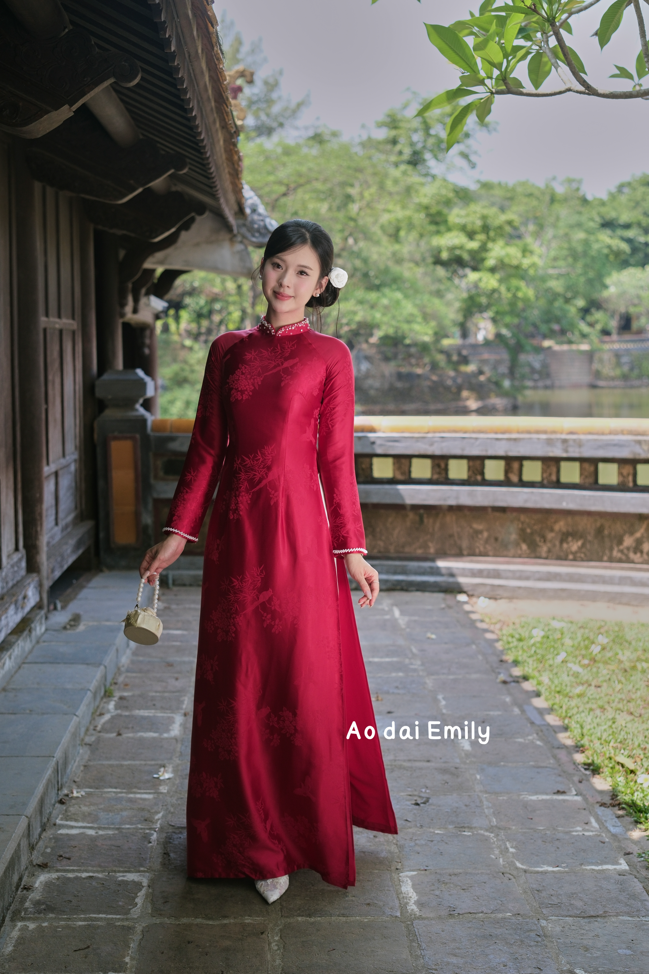 Dark Red/Burgundy Ao dai Gam with hand beading collar| Mimosa