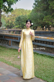 Yellow traditional áo dài with crystal buttons | Spring beauty