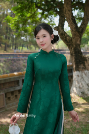 Dark Green Trational áo dài with flower patterns and pearl buttons | Speedwell