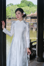 White áo dài gấm with beading crystals |Tree mallow