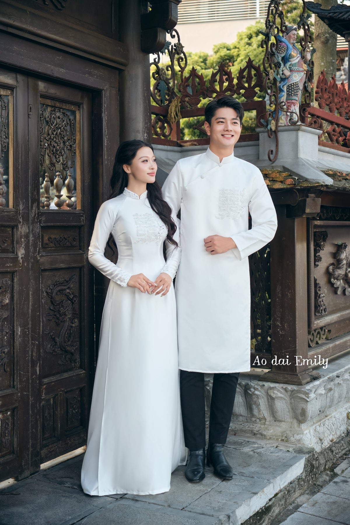 White Matching Couple Ao dai for Brides and Grooms|Lili
