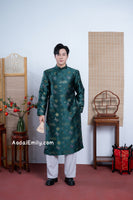 Dark Green Ao dai for men with new year patterns