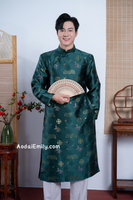 Dark Green Ao dai for men with new year patterns
