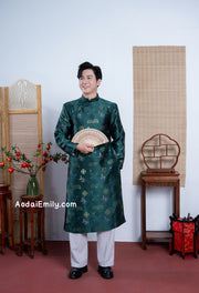 Dark Green Ao dai for men with new year patterns