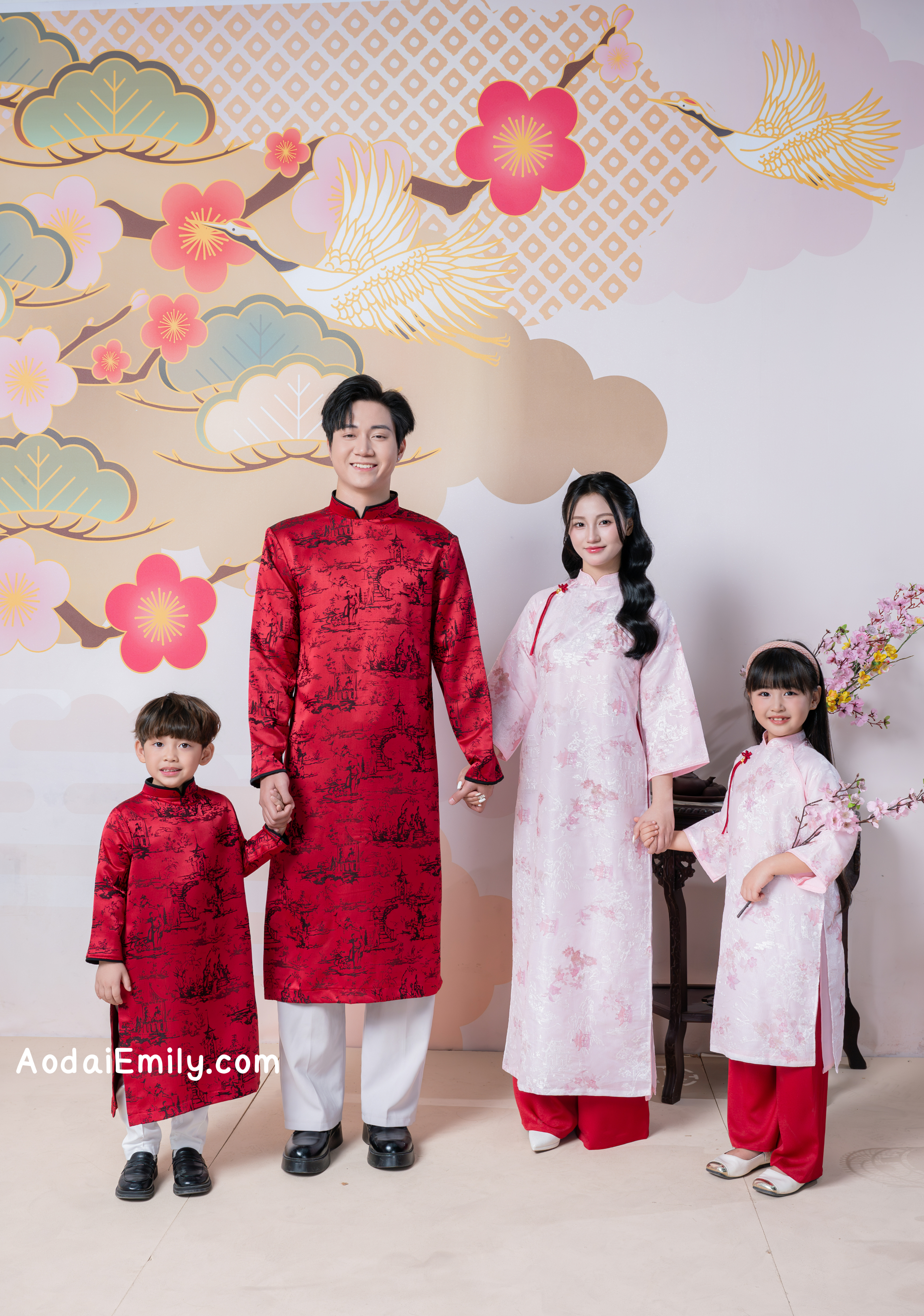 Red/Pink Matching Family Spring Ao Dai Set