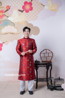 Red Ao dai for men with new year patterns