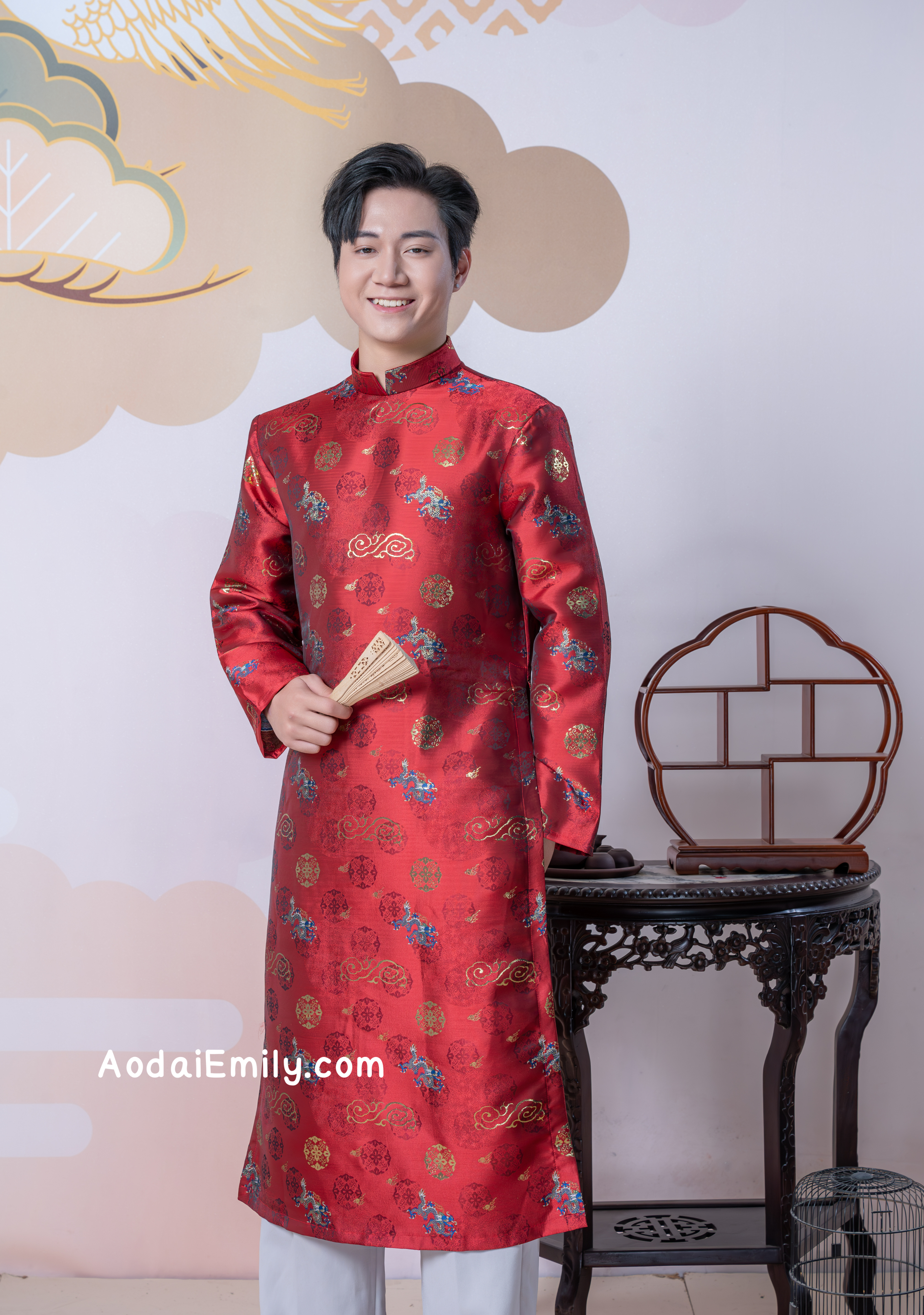Red Ao dai for men with new year patterns