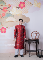 Red Ao dai for men with new year patterns