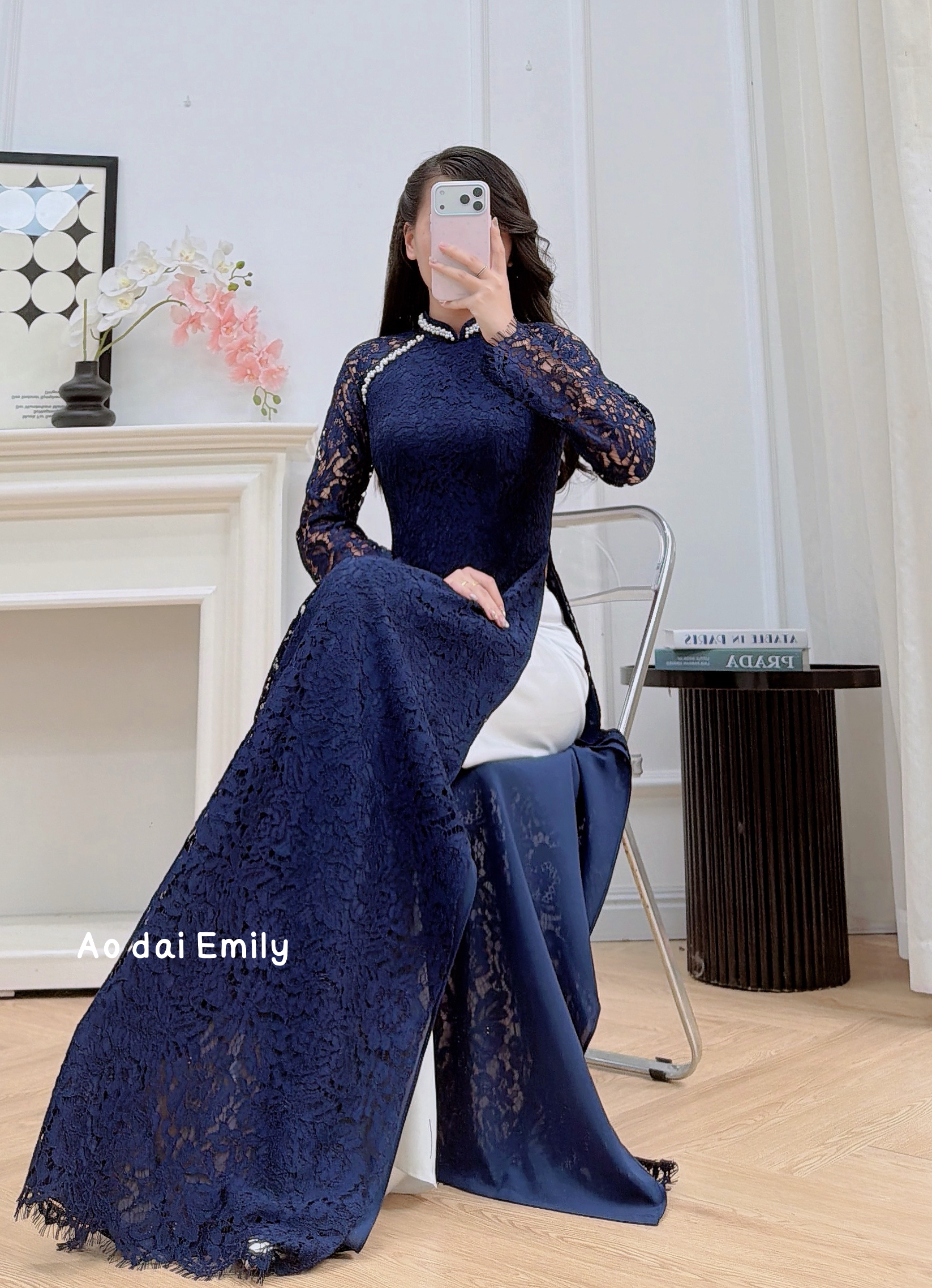 Midnight Blue Lace and silk áo dài with pearls | Paper bush