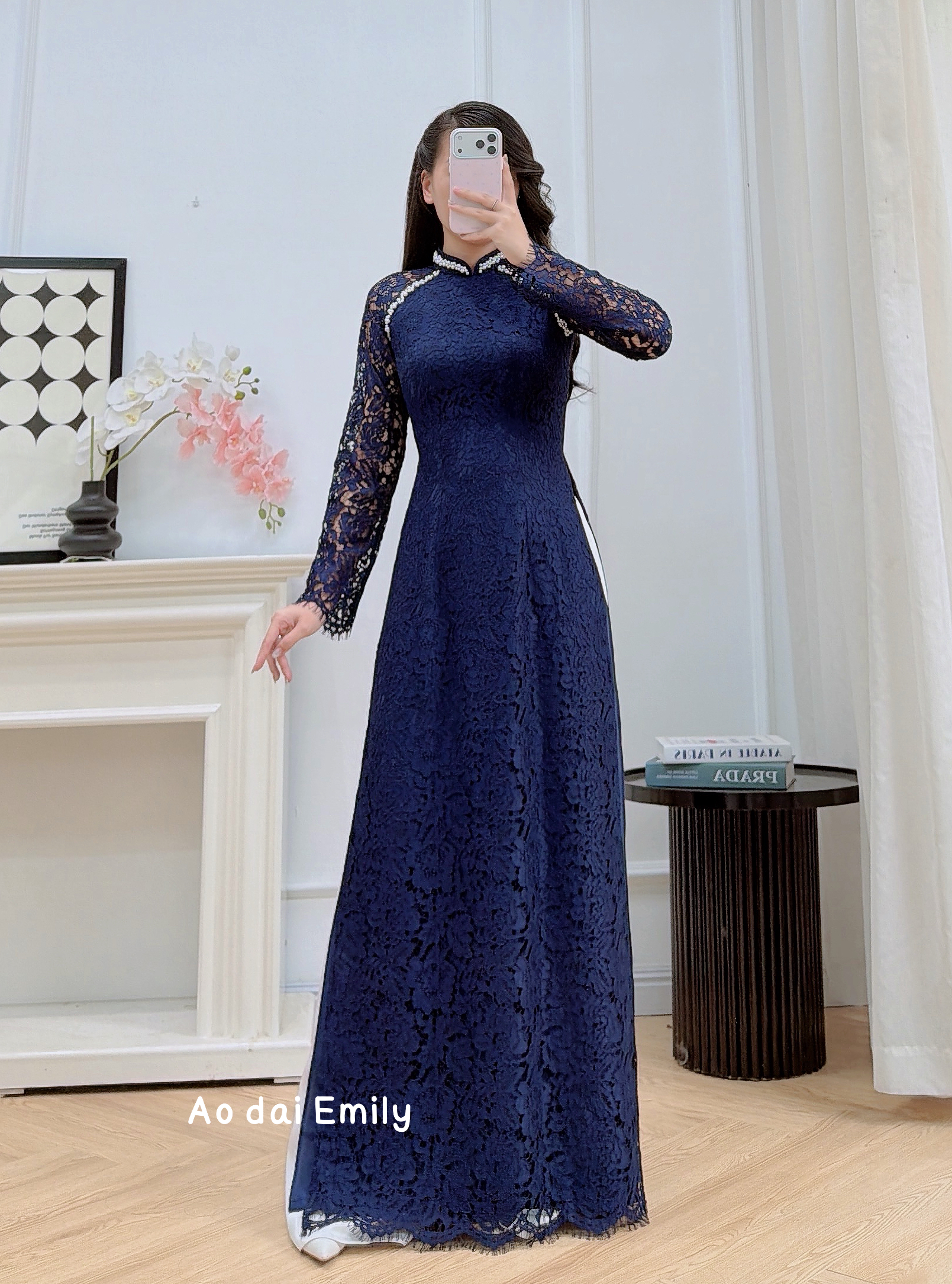 Midnight Blue Lace and silk áo dài with pearls | Paper bush