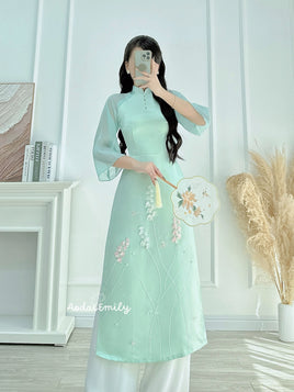 SUMMER Modern Mint taffeta ao dai with pearls and 3D lily of the valley flowers