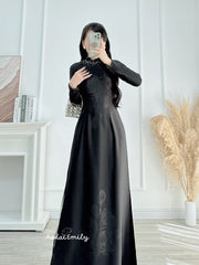 MADELYN Black ao dai with simple crystals rhinestones