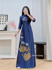 Dark Blue Traditional ao dai with Crystals| Parrots Beak