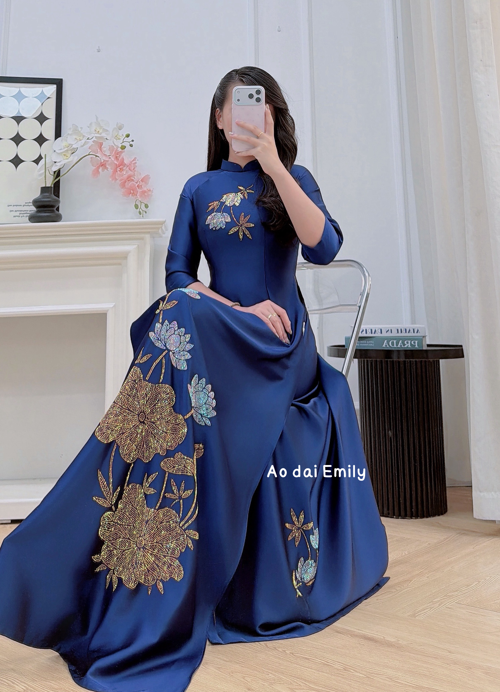 Dark Blue Traditional ao dai with Crystals| Parrots Beak