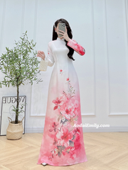 Printed Pink flowers pattern Pre made ao dai for women