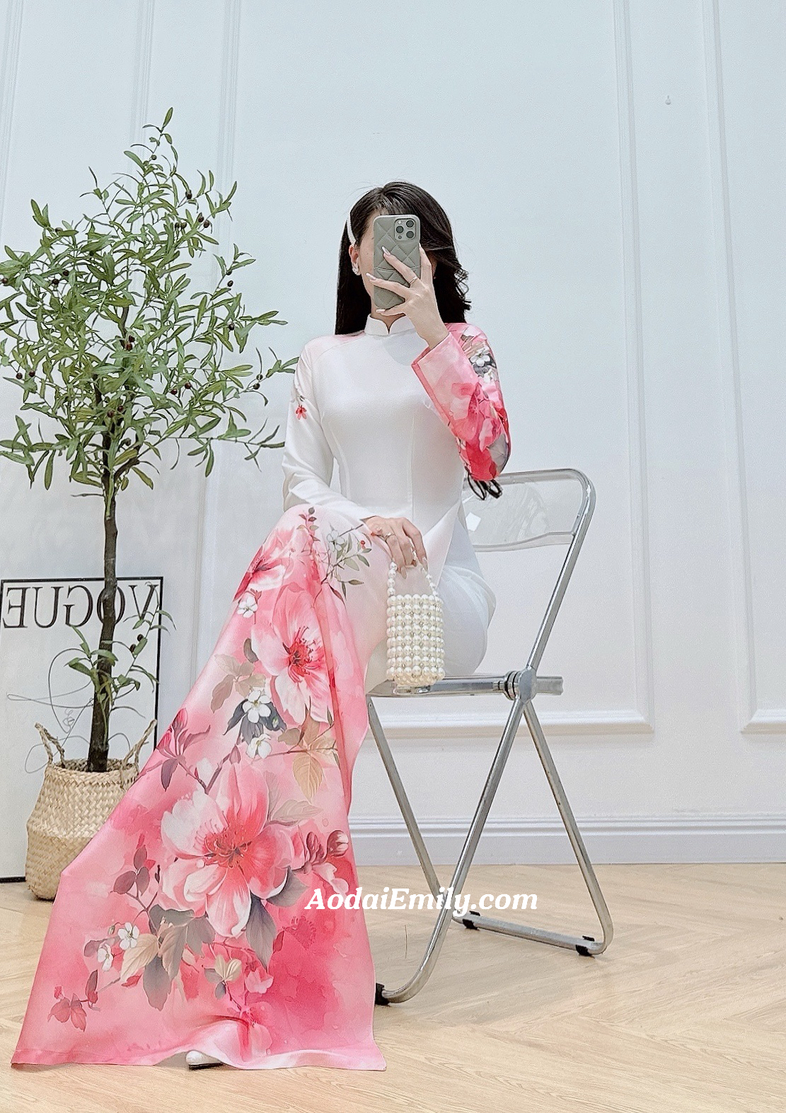 Printed Pink flowers pattern Pre made ao dai for women