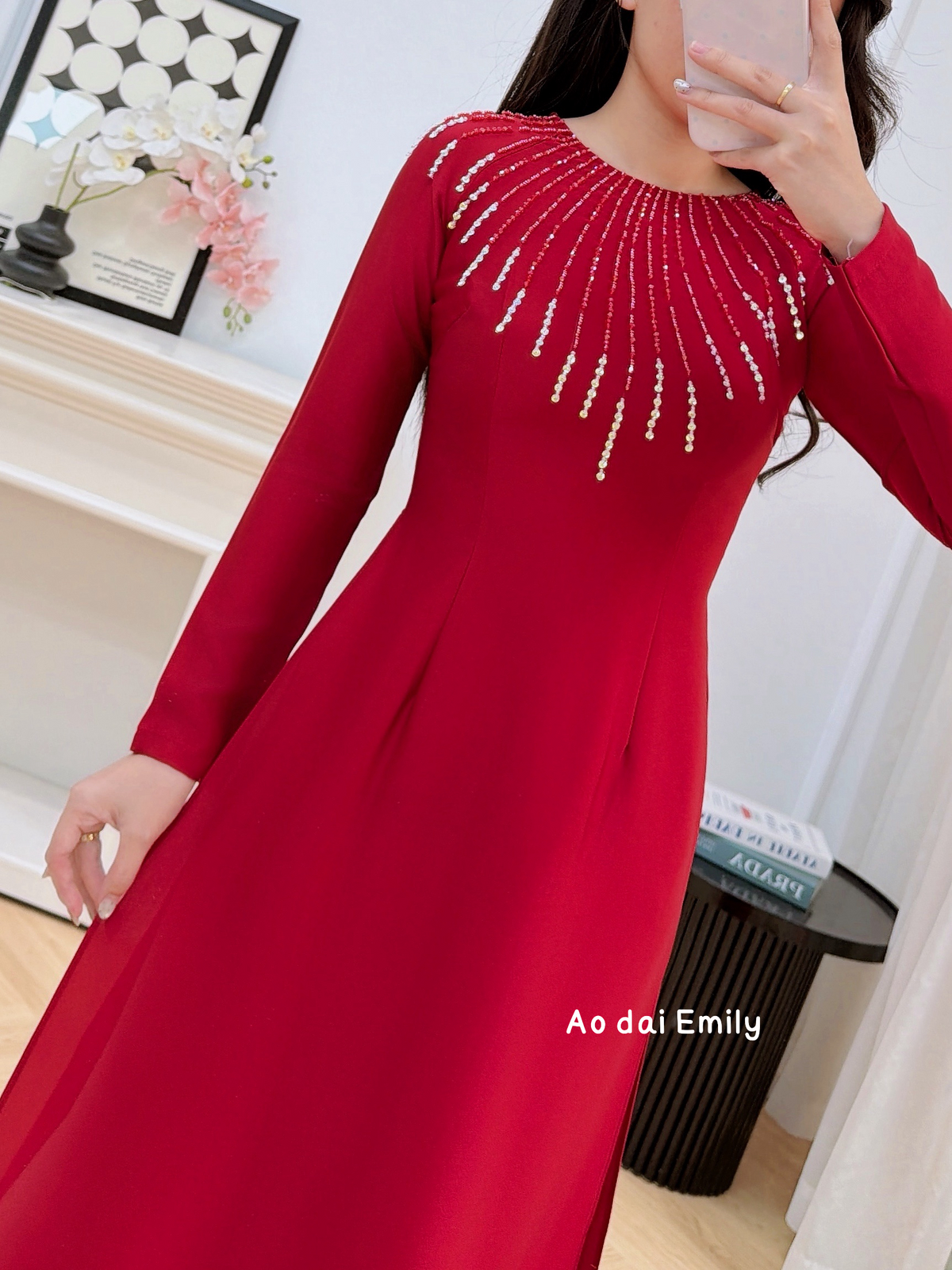 Red tradition  Ao dai with designed crystals collar| Red spider lily
