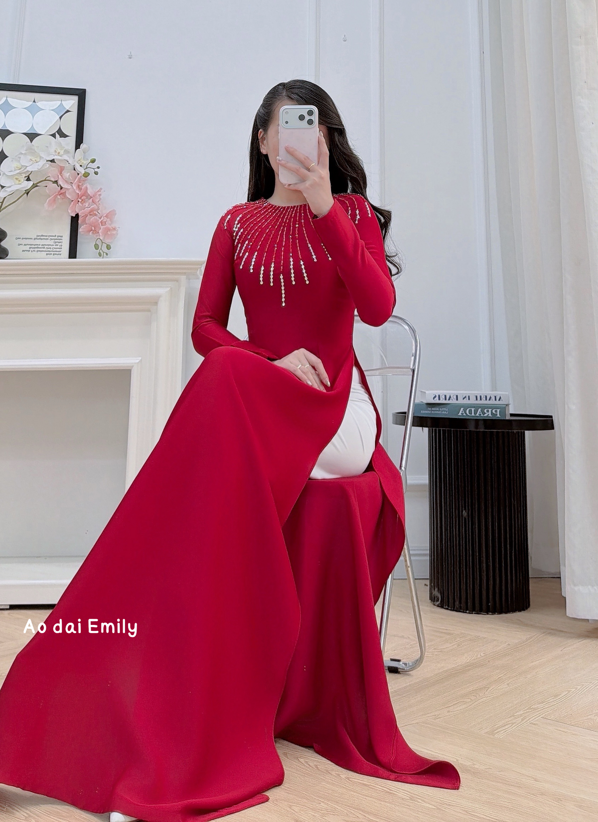 Red tradition  Ao dai with designed crystals collar| Red spider lily