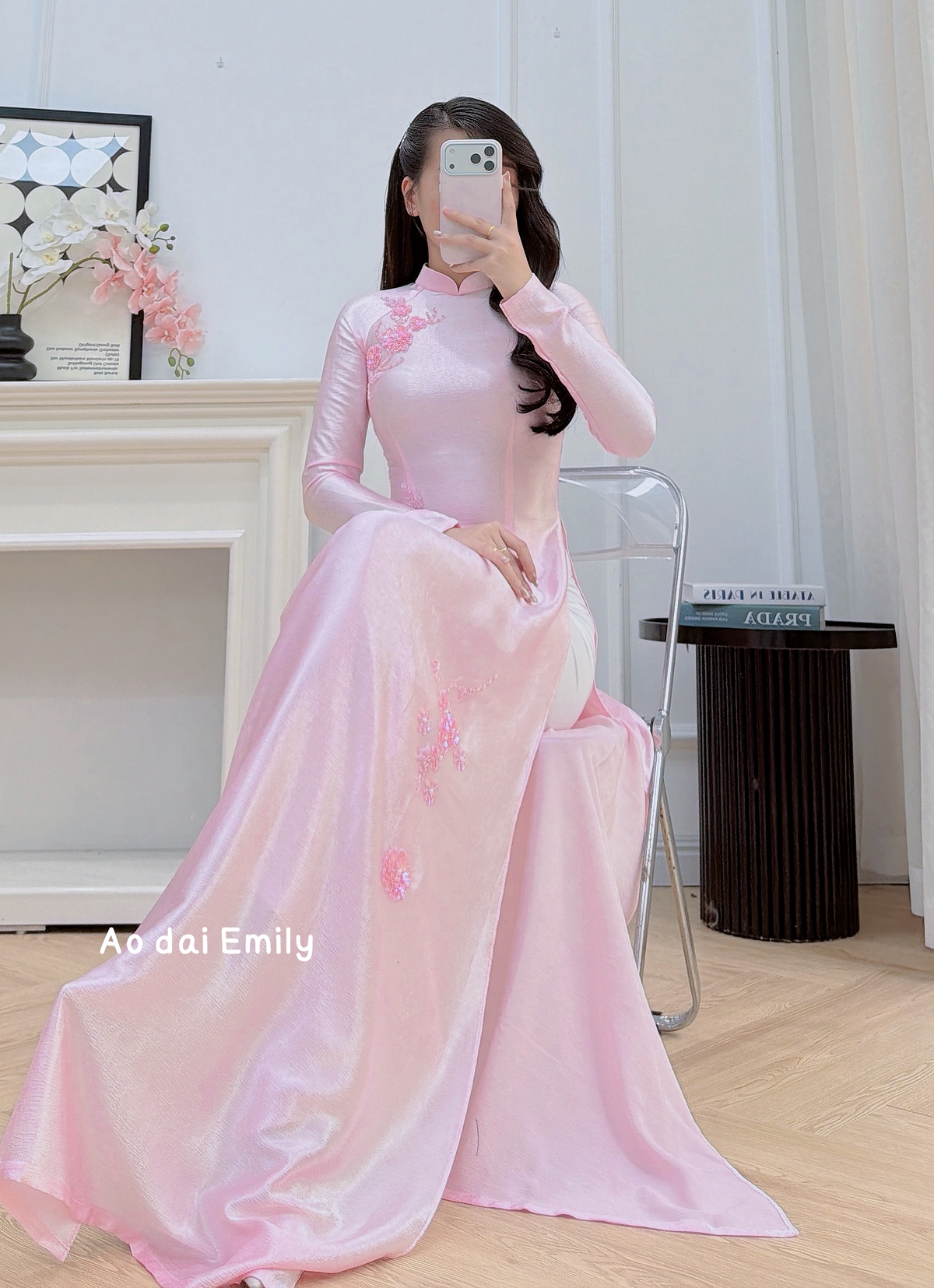 Pink traditional style ao dai with simple beading crystals | Queen Anne