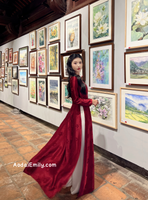 ELYSE Burgundy Ao Dai Gấm with crystals round collar