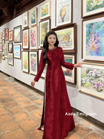 ELYSE Burgundy Ao Dai Gấm with crystals round collar