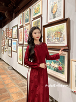 ELYSE Burgundy Ao Dai Gấm with crystals round collar