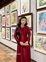 ELYSE Burgundy Ao Dai Gấm with crystals round collar