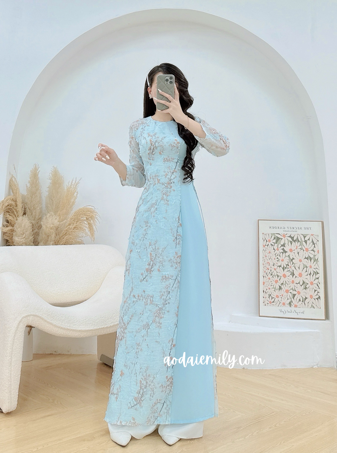 Blue Pre made ao dai Viet Nam with pearls| Hibiscus