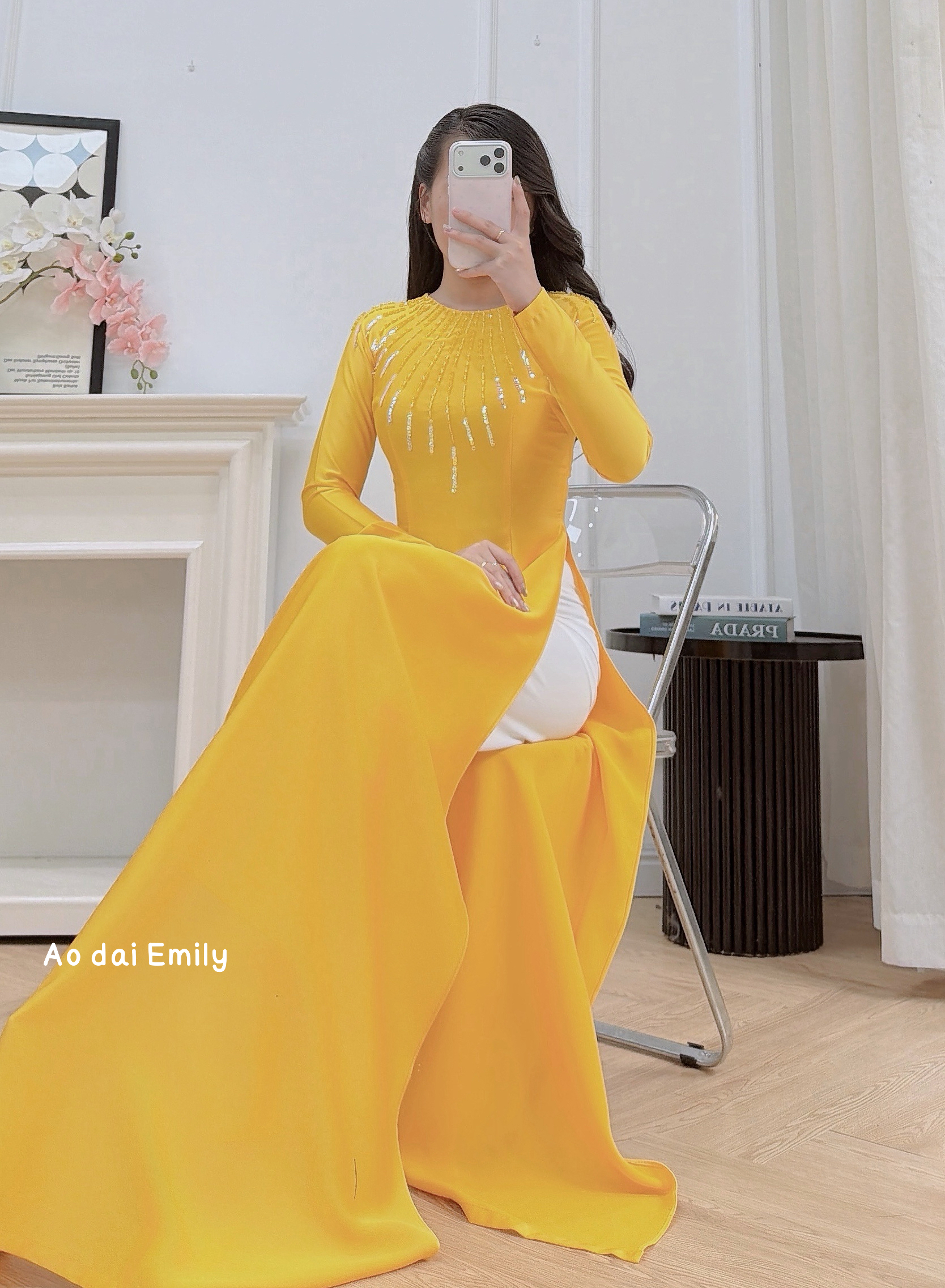 Yellow tradition Ao dai with designed crystals collar| Red hot pocker